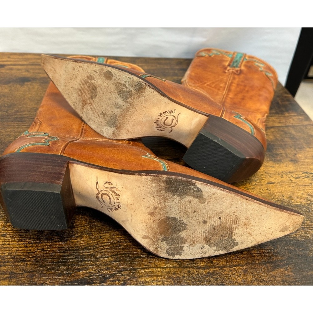 Charlie 1 Horse Tan Leather Turquoise Inlay Embroidered Western Boots Sz 9.5 B - Picture 13 of 16